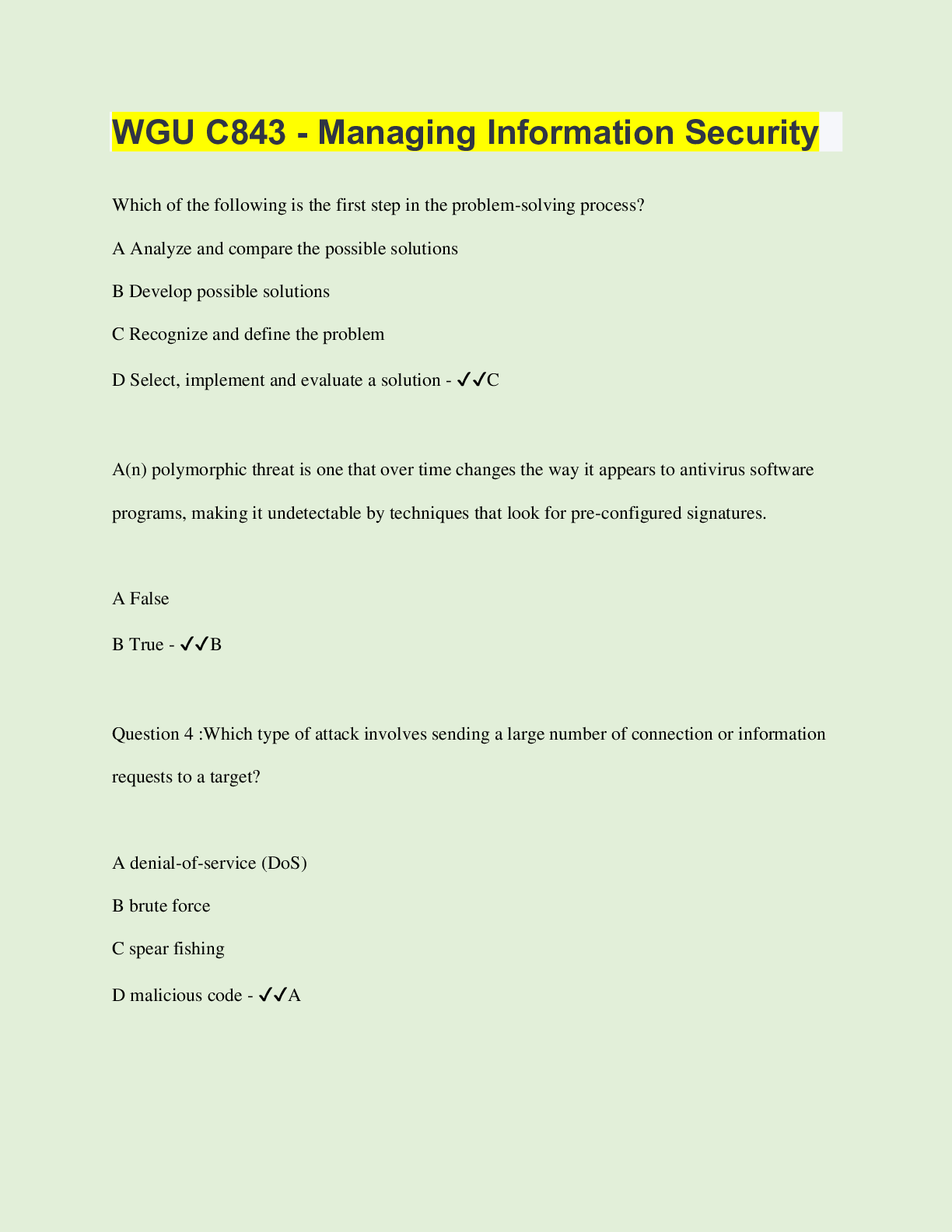 Preview of WGU C843 - Managing Information Security  | 140 Questions with 100% Correct Answers | Veri